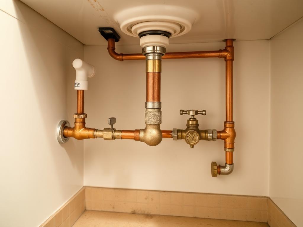 Illustrative after photo: clean replacement copper piping and new shutoff valves neatly installed under the same bathroom vanity