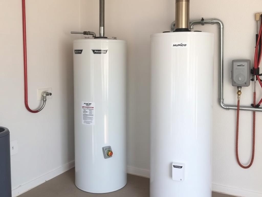 Illustrative after photo: new white water heater installed in the same garage with fresh connections and a clean drain pan