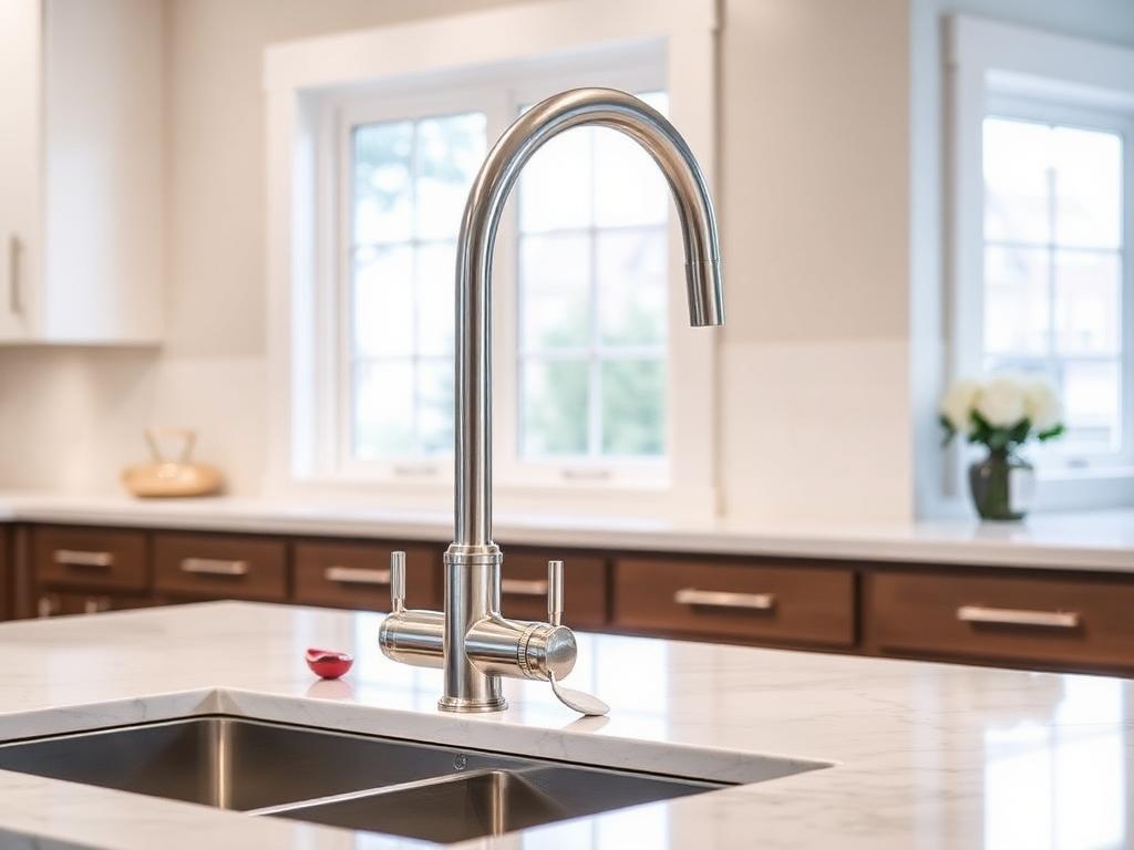 Illustrative after photo: new brushed nickel kitchen faucet installed on a clean quartz countertop and stainless sink