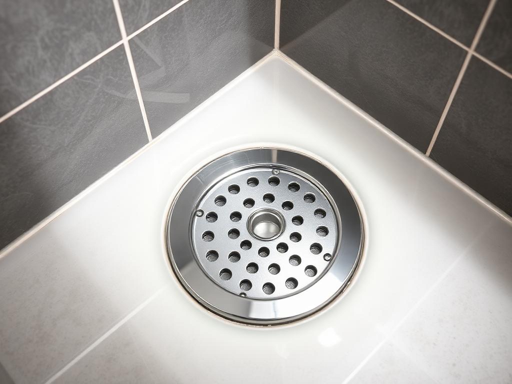 Illustrative after photo: freely draining shower with a clean polished chrome drain cover in the same tiled bathroom