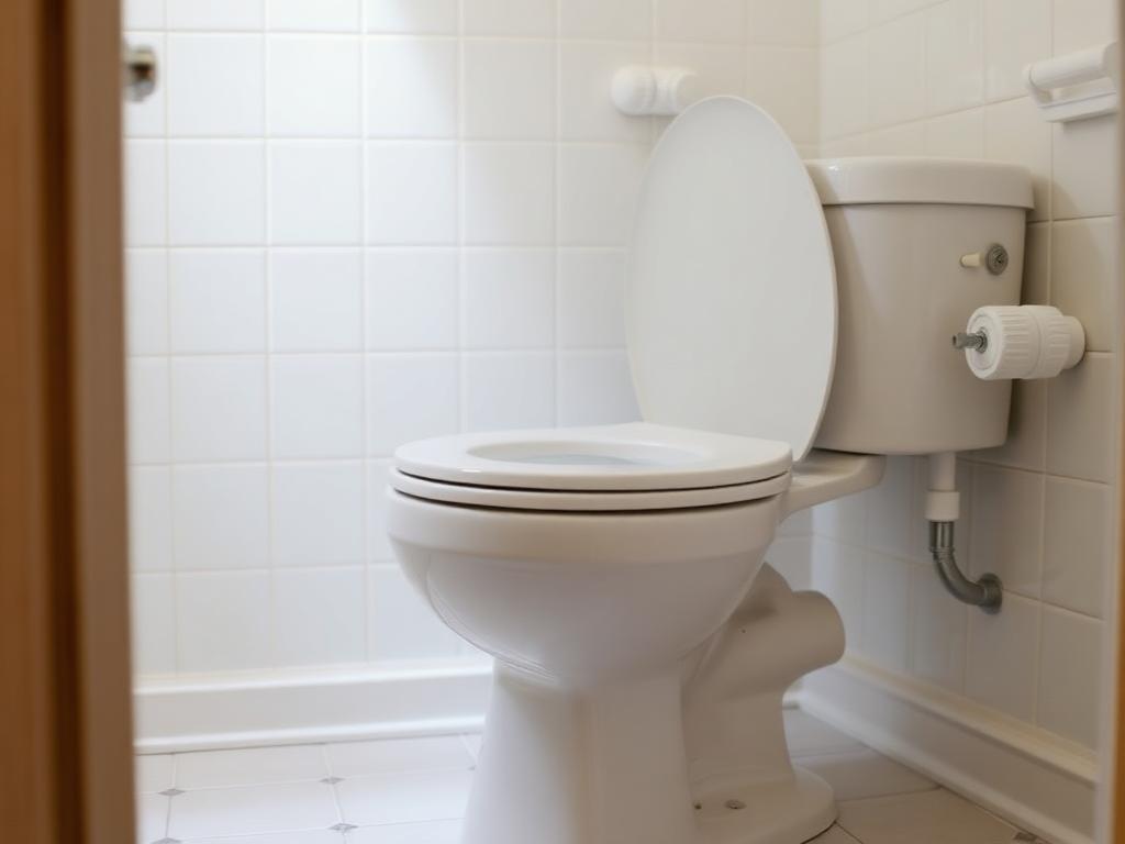 Illustrative after photo: clean reset toilet with new supply line and shutoff valve in the same bathroom