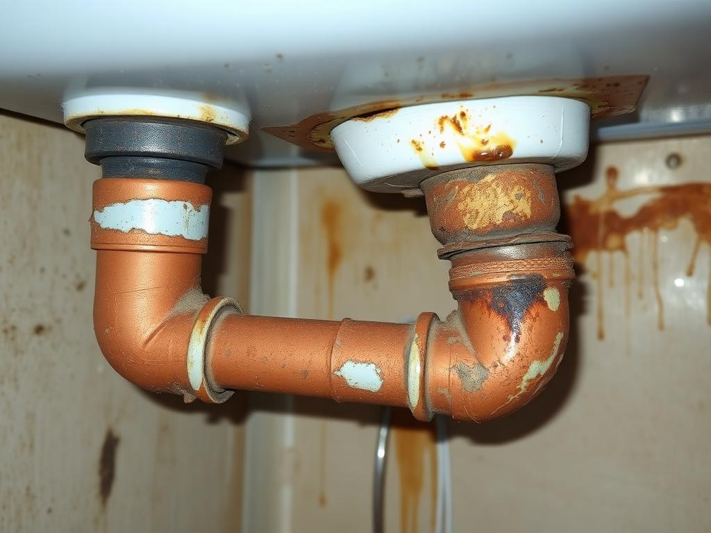Illustrative before photo: corroded copper drain and supply piping leaking under a bathroom vanity with water stains on the cabinet floor