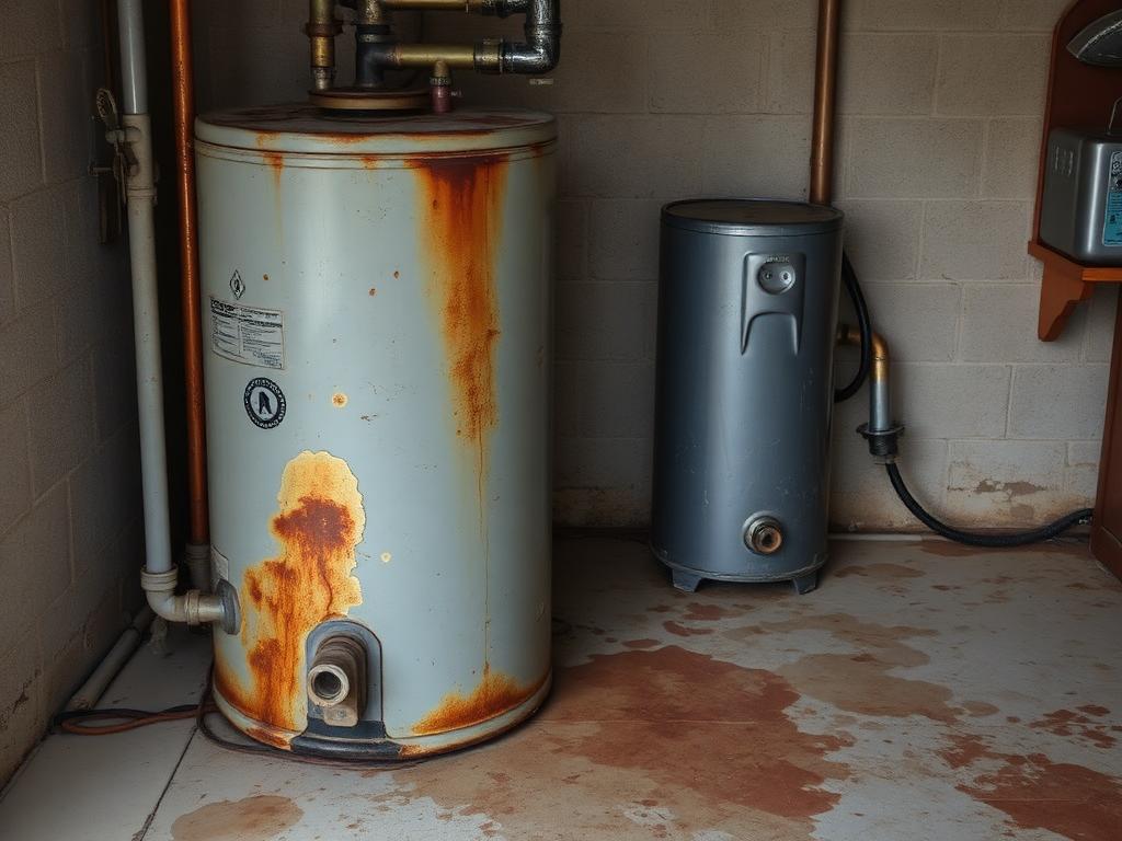 Illustrative before photo: old rusted water heater in a Florida garage with corroded fittings and rust staining across the concrete floor