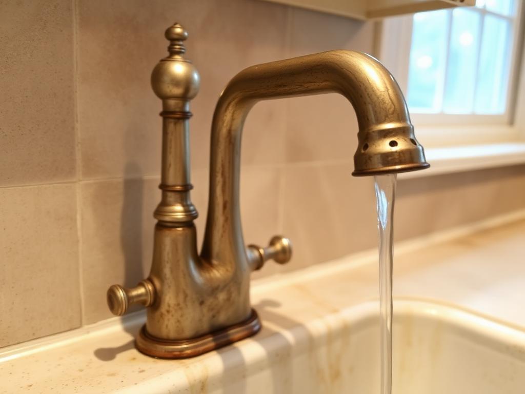 Illustrative before photo: worn discolored kitchen faucet with heavy mineral buildup on a stained sink
