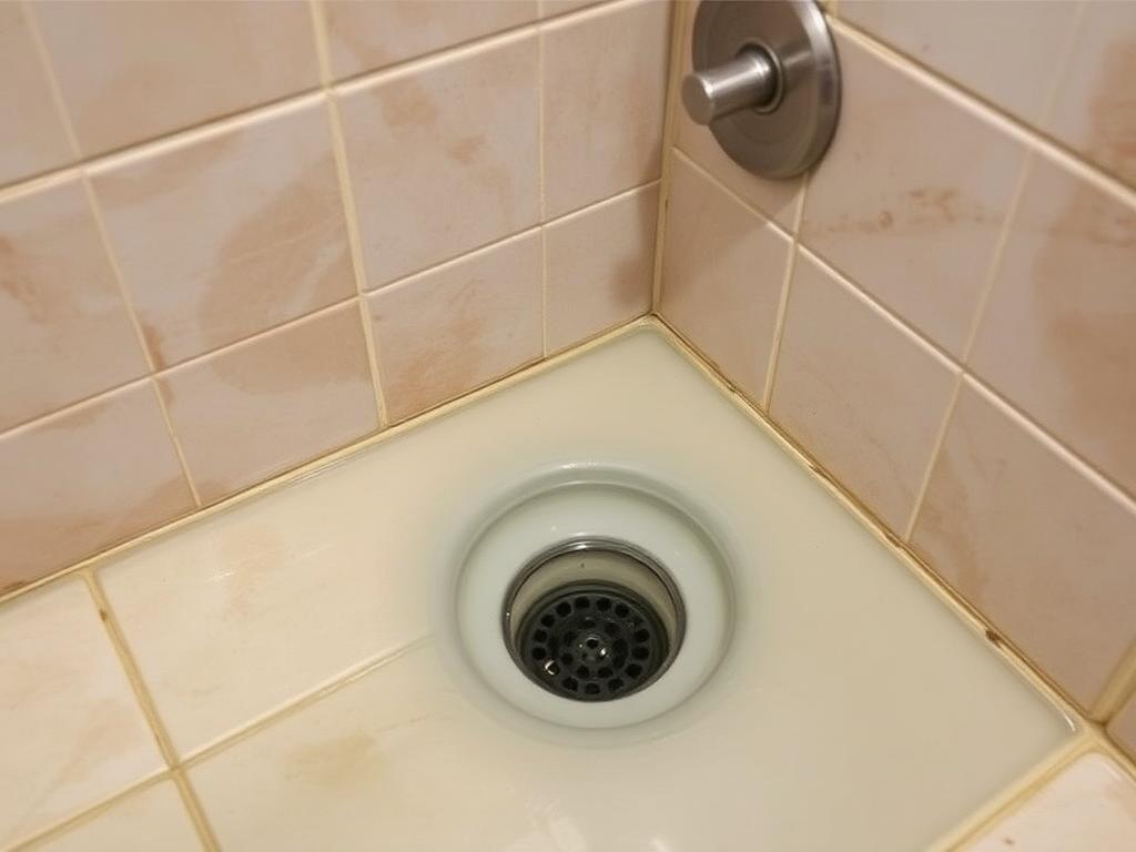 Illustrative before photo: clogged shower drain holding standing water in a dated tiled bathroom