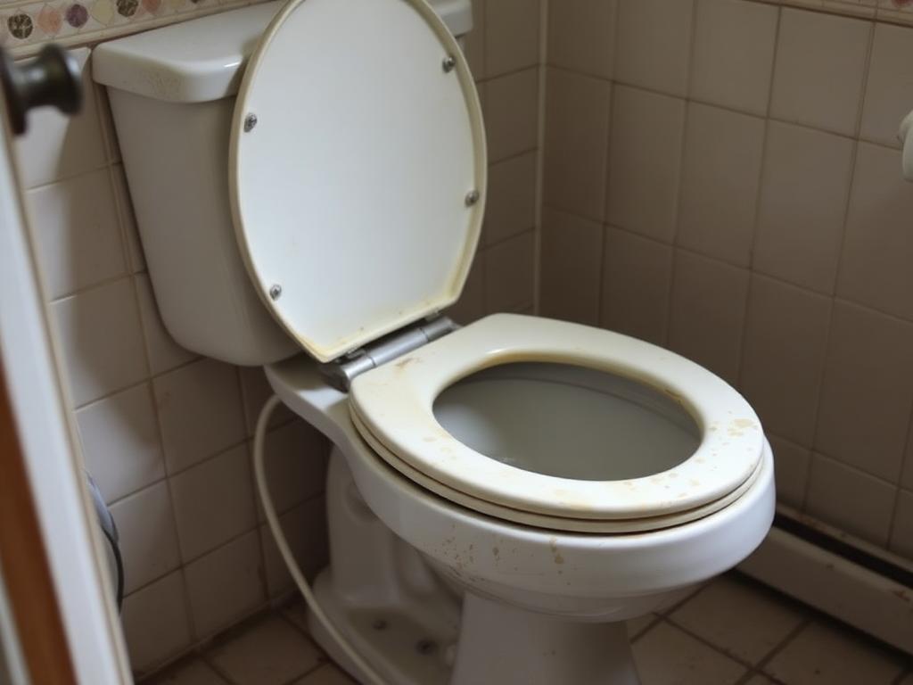 Illustrative before photo: old stained toilet with worn seat and failing seal in a dated bathroom