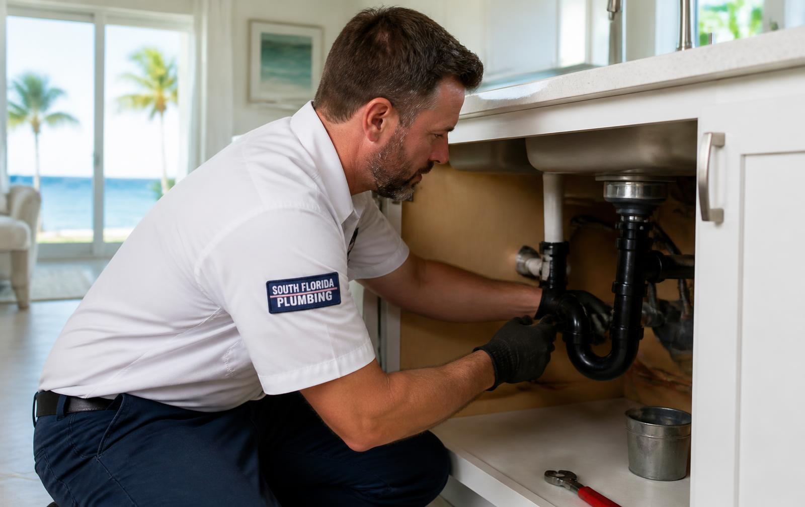 Plumbing technician in uniform repairing a drain assembly under a kitchen sink in a Palm Beach County home